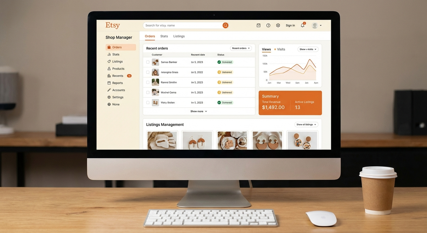 Etsy seller dashboard showing the shop manager with orders and listings