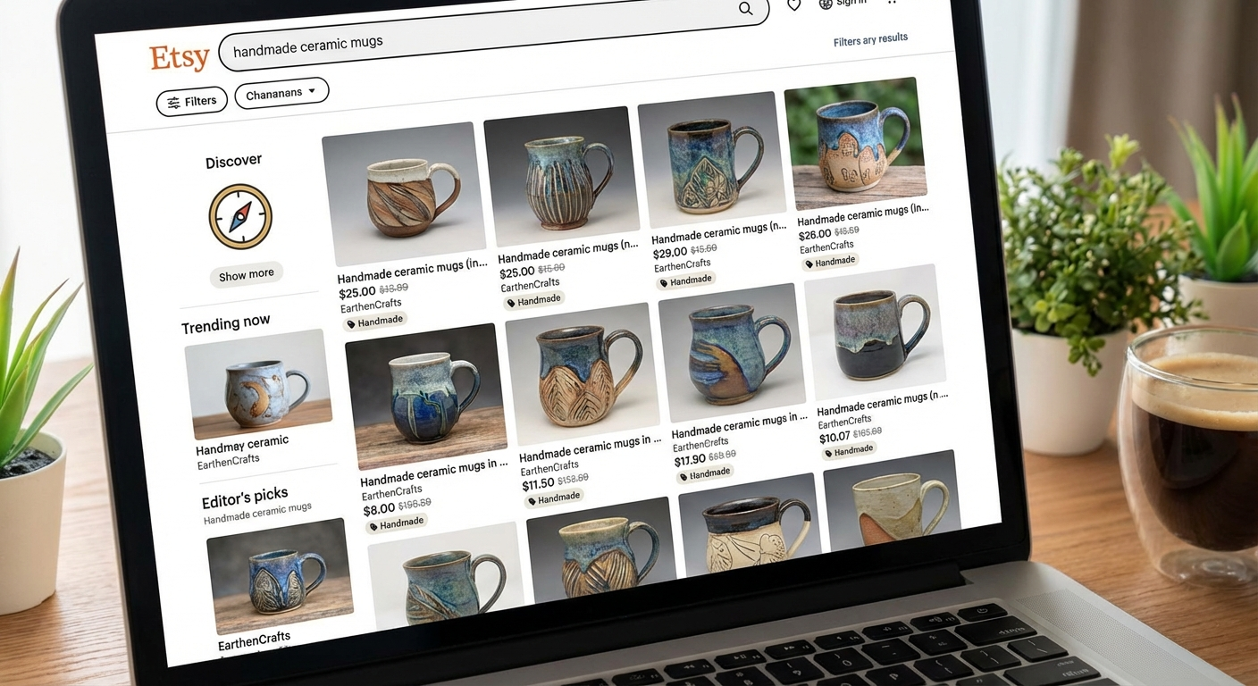 Etsy search results page showing organic listings for handmade jewelry