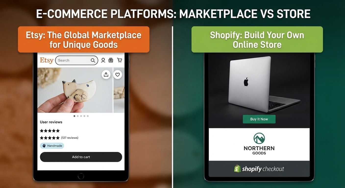 Split-screen illustration comparing an Etsy marketplace booth to a standalone Shopify storefront