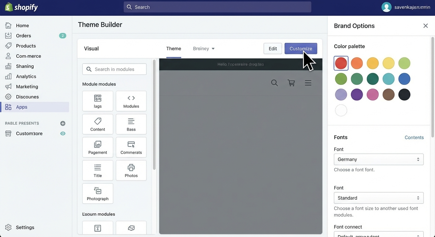 Shopify theme customizer showing drag-and-drop store builder with brand colors