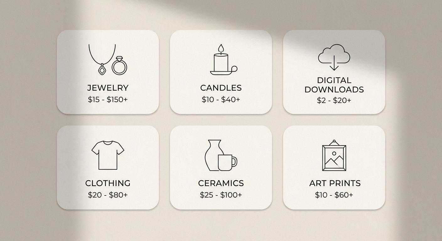 Product category pricing guide icons — jewelry, candles, digital downloads, clothing, ceramics, art prints — minimalist cards with soft shadows