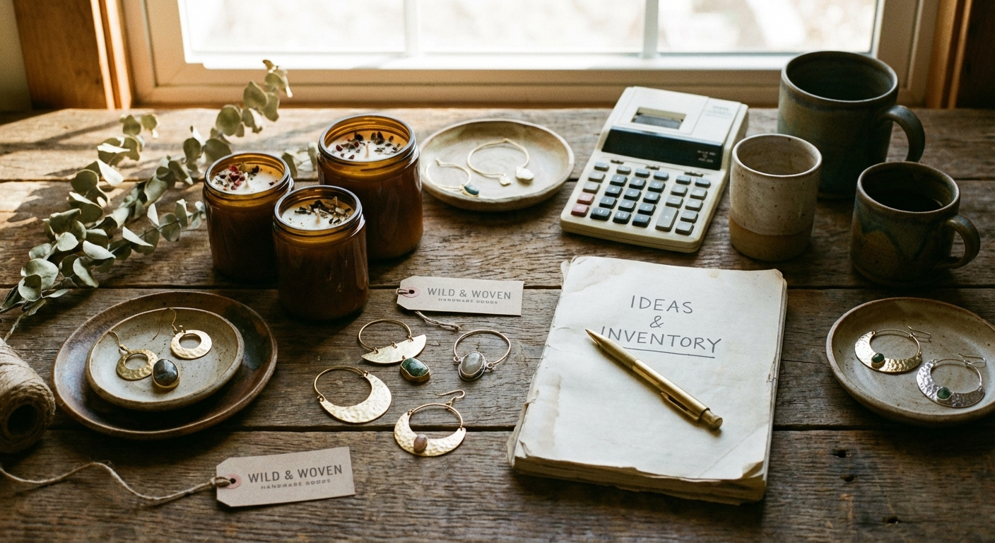 Flat-lay of handmade products — candles, jewelry, ceramics — arranged on wooden table with calculator, notebook, and pen. Warm natural lighting overhead shot.