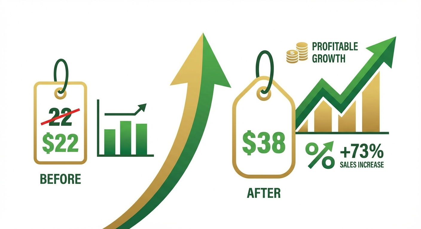 Before and after price increase from $22 to $38 with upward trending sales graph — green positive growth infographic