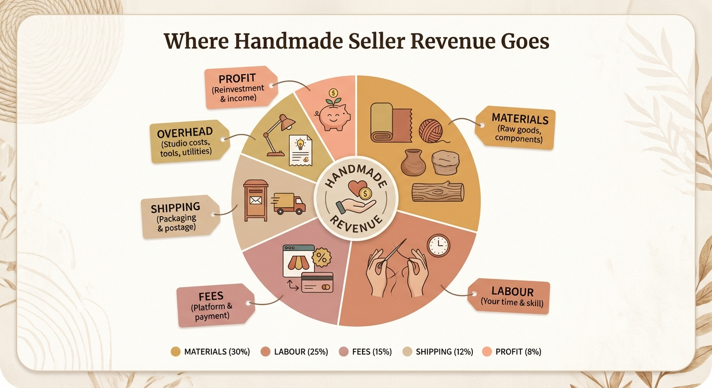 Revenue breakdown infographic for handmade sellers: Materials 30%, Labour 25%, Fees 15%, Shipping 12%, Overhead 10%, Profit 8%