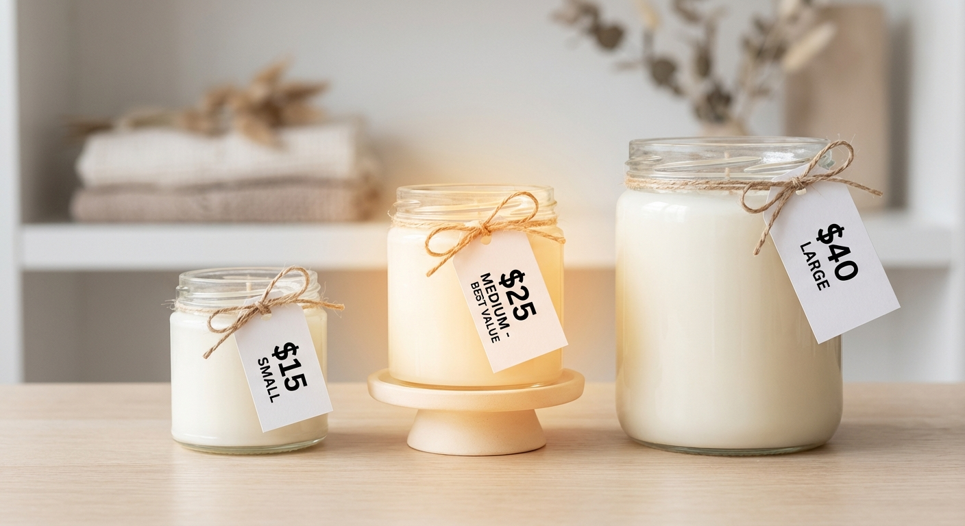 Three pricing tiers for handmade candles — small medium large with price tags, middle tier highlighted. Clean product photography.