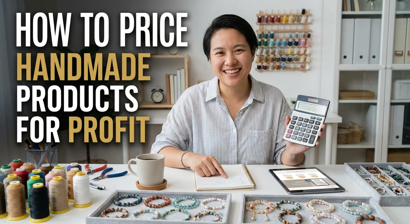 Person at craft workspace using calculator with handmade products spread out — pricing handmade products video guide
