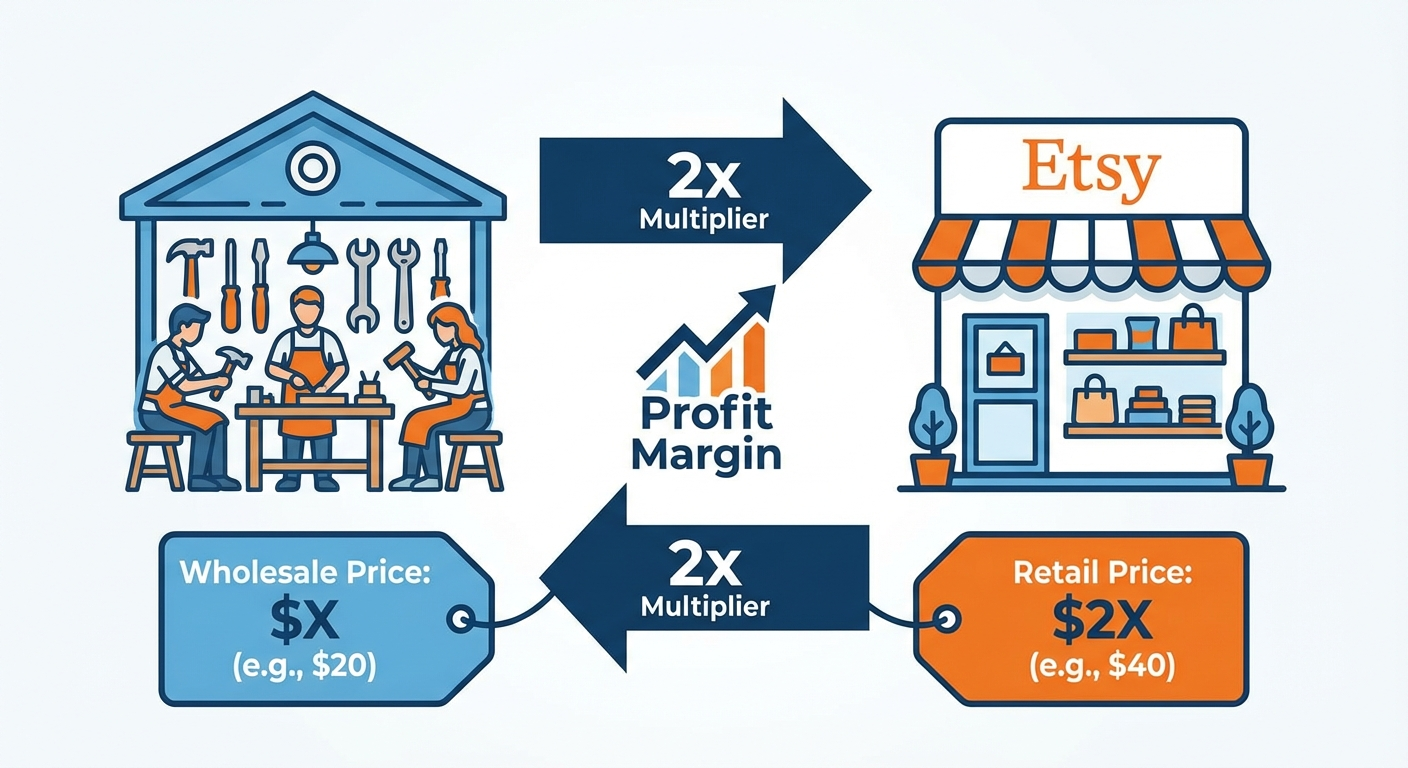 Wholesale vs retail pricing comparison: workshop icon with wholesale price on left, Etsy storefront icon with retail price on right, arrows and 2x multipliers connecting them