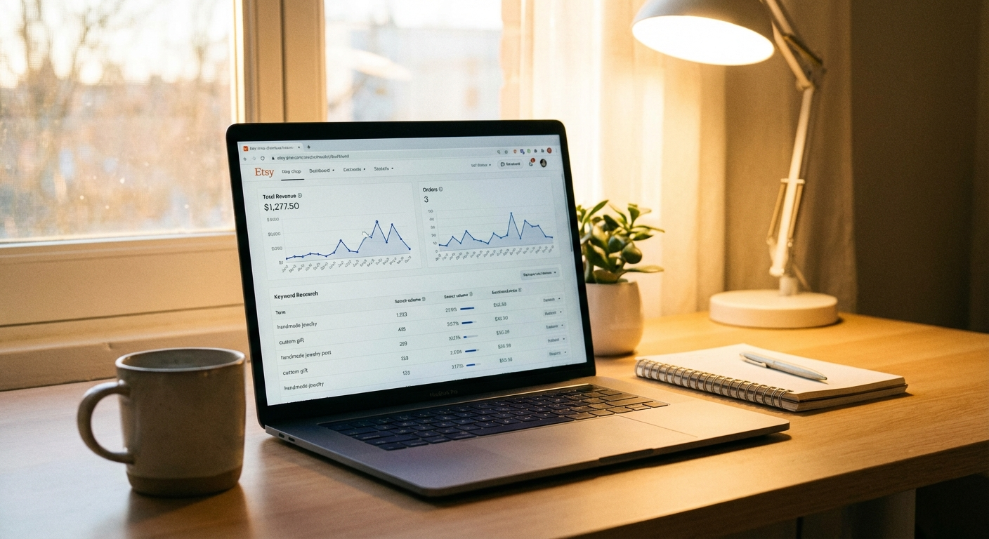 Etsy seller reviewing SEO analytics dashboard at workspace