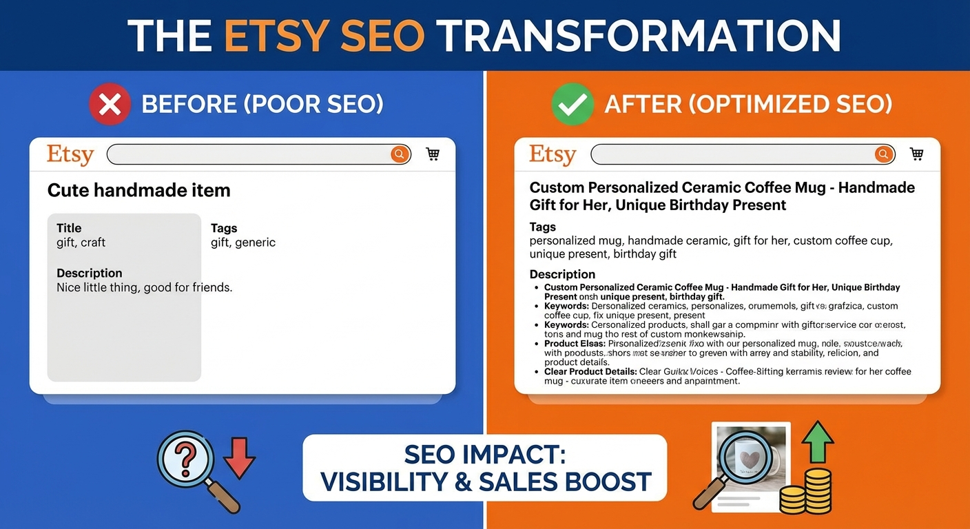 Chrome browser with Alura extension popup showing SEO metrics on Etsy listing