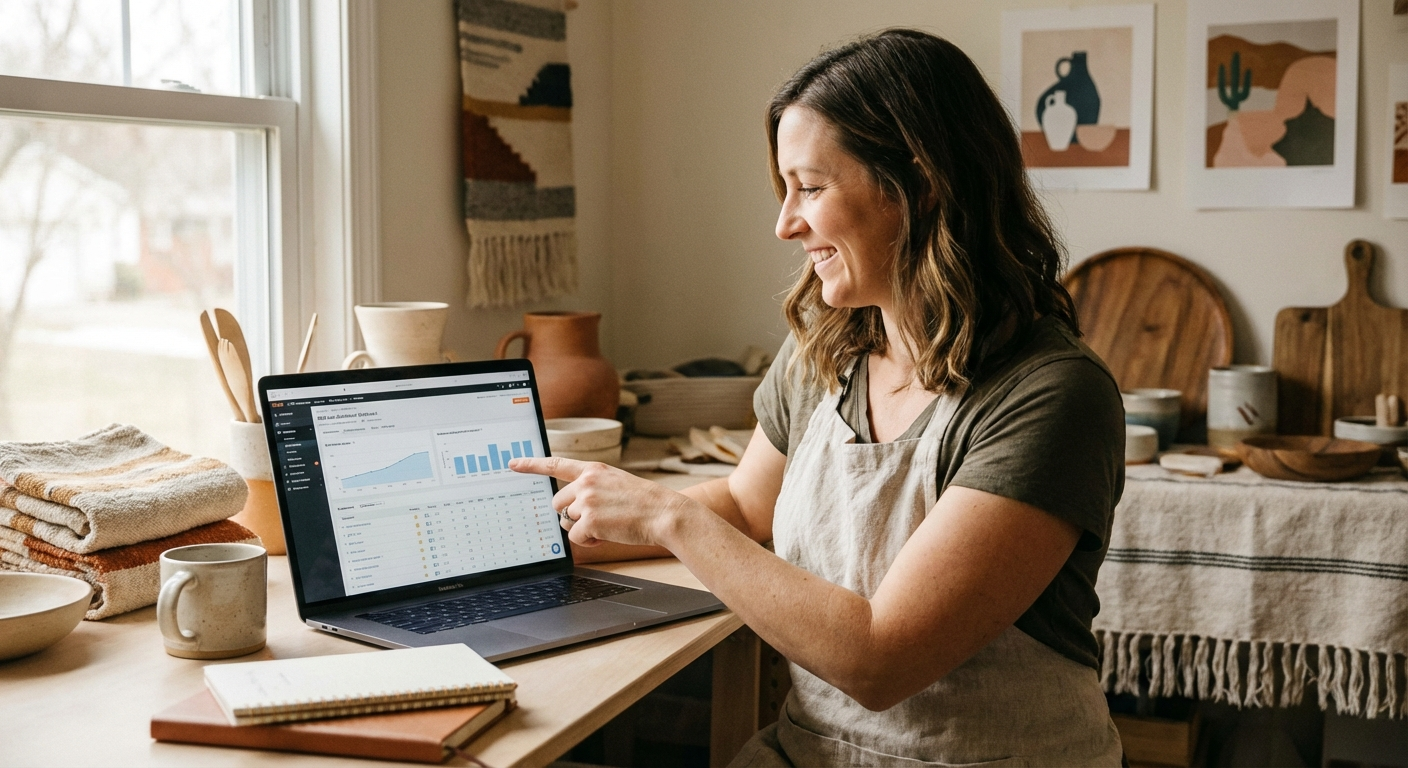 Etsy shop owner reviewing keyword rankings and sales data on laptop