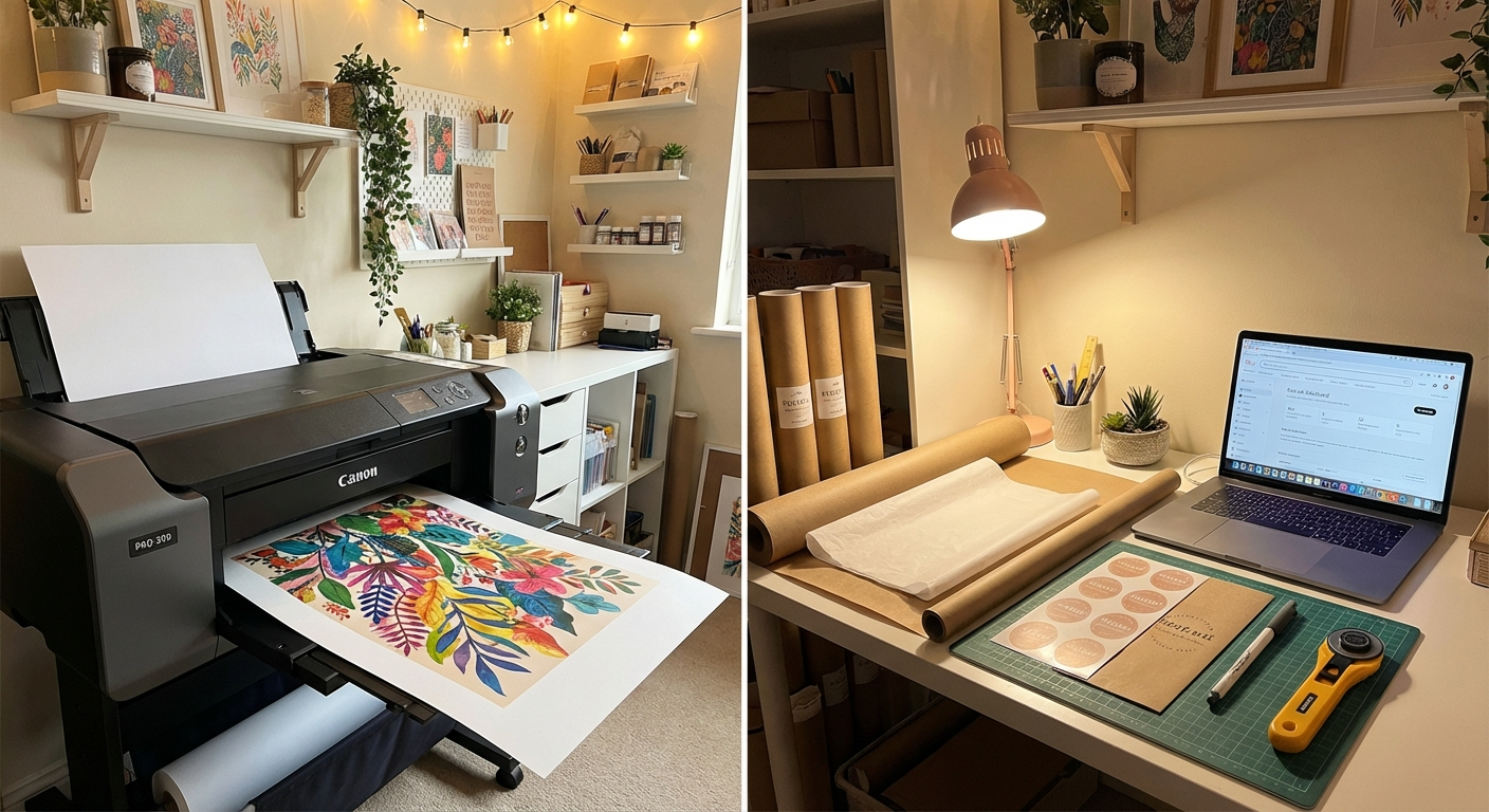 Etsy print-on-demand seller workspace with professional inkjet printer and colorful art prints