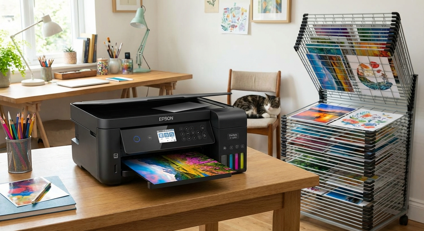 Epson EcoTank ET-2850 printing vibrant art prints at home office desk