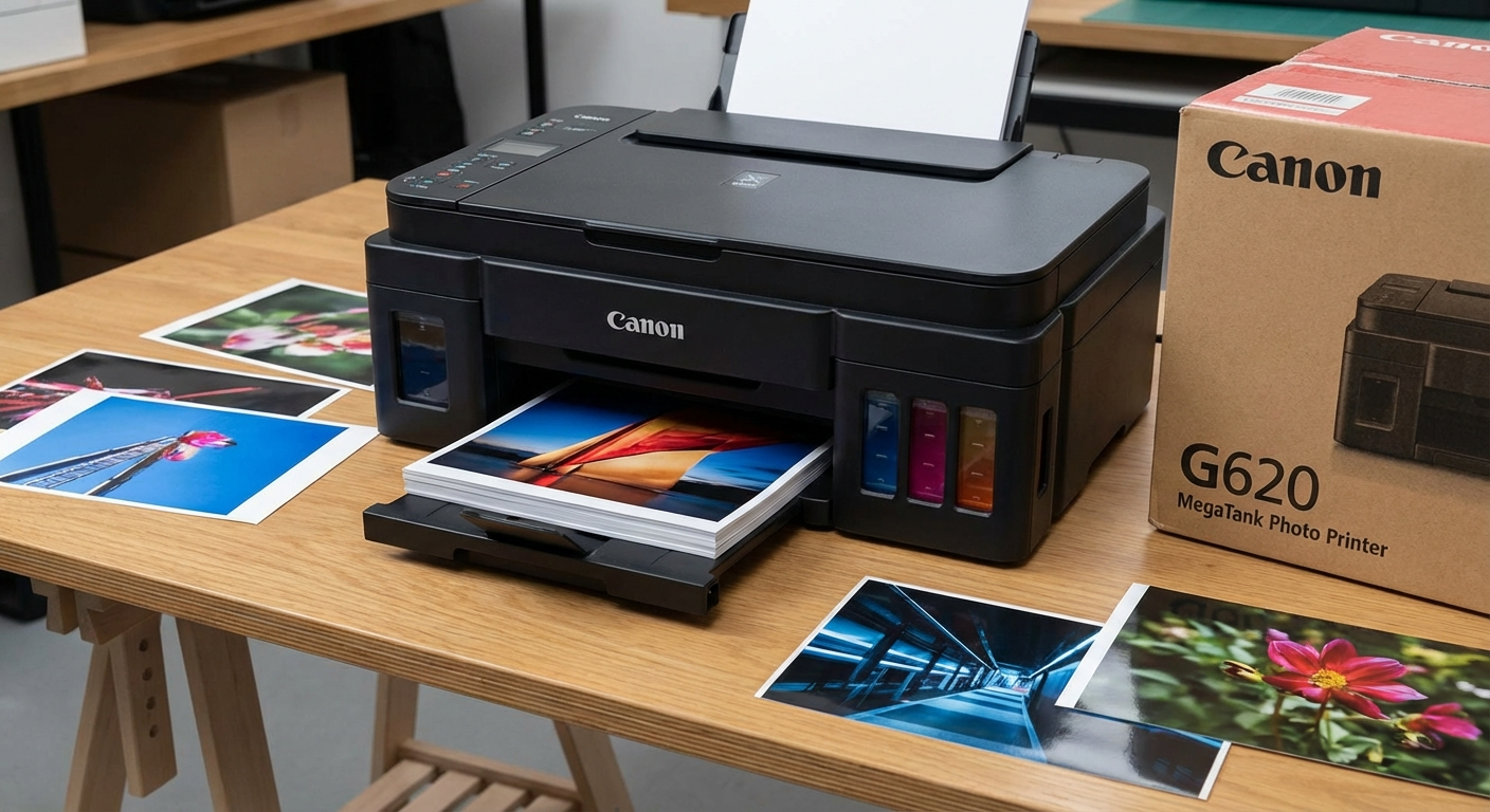 Canon PIXMA G620 MegaTank producing glossy photo prints with six-color ink