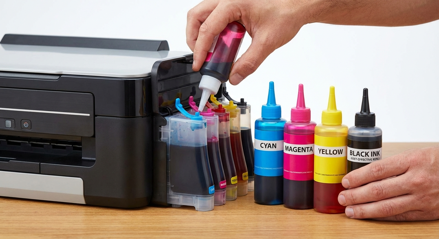Close-up of printer ink tank system being refilled with colored ink bottles