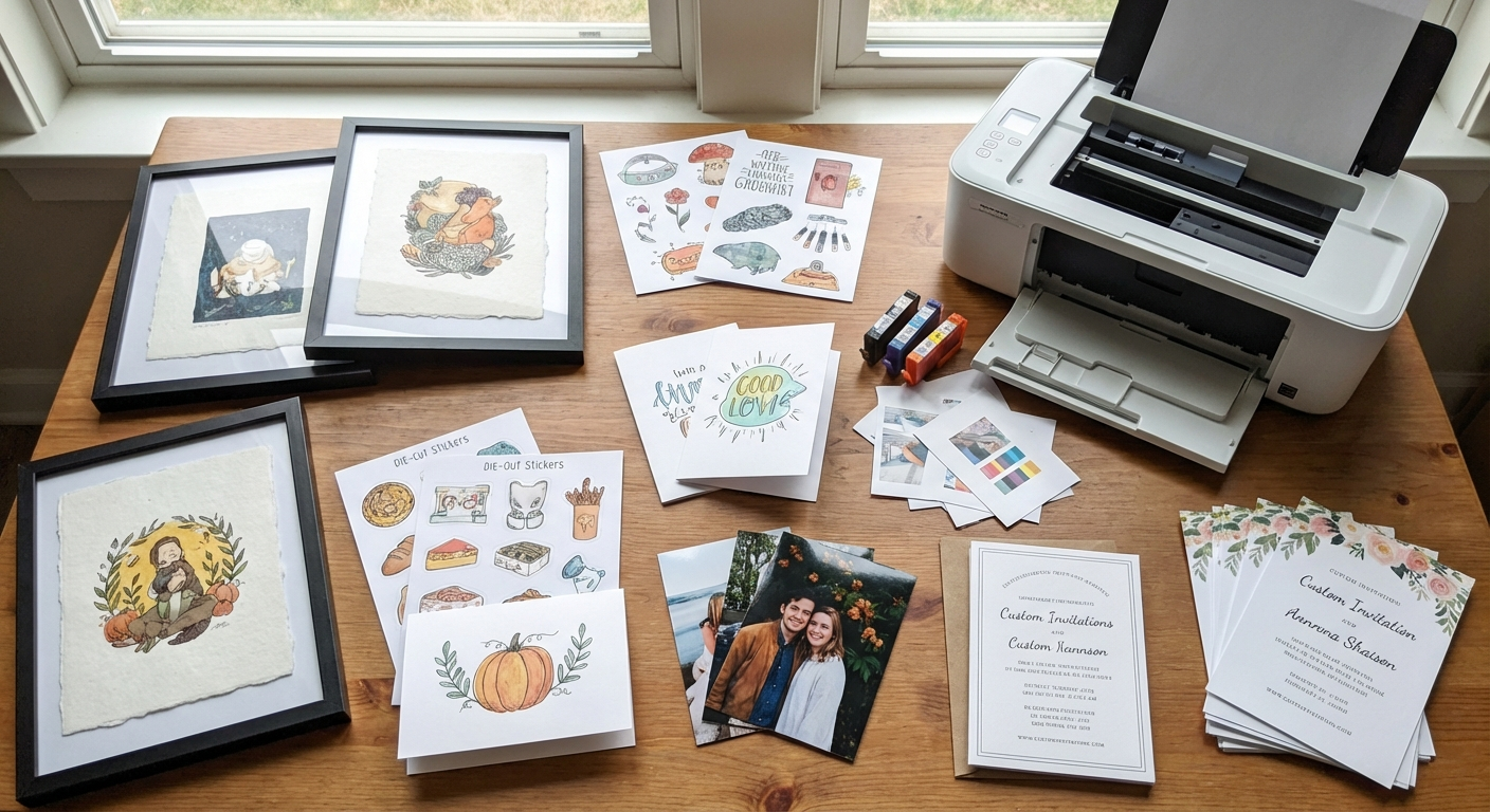 Print on demand products flatlay showing art prints stickers cards and invitations