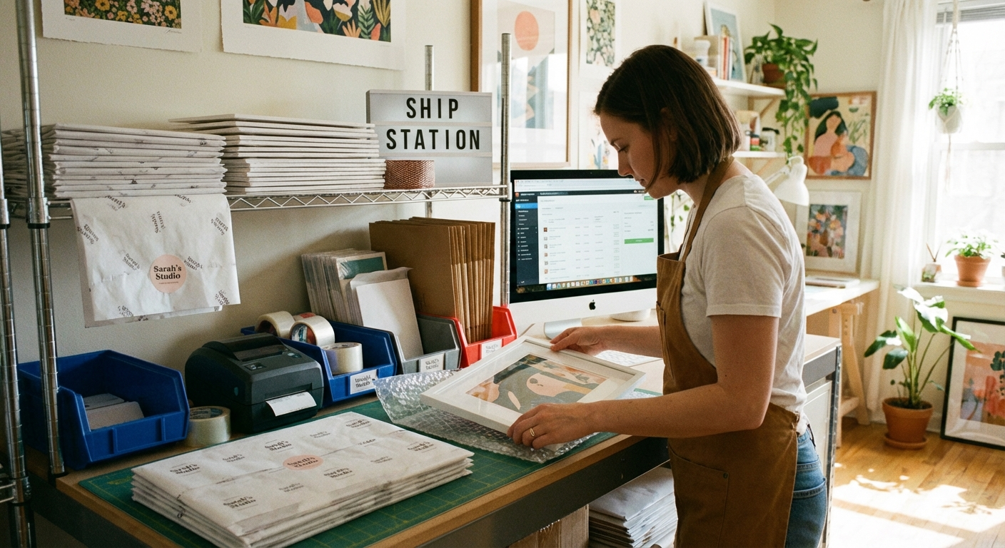 Etsy seller packaging printed art prints into mailers at shipping station