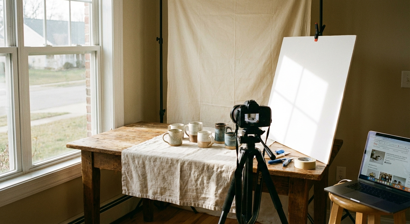 Simple home photography setup with foam board reflector and window light for Etsy product photography