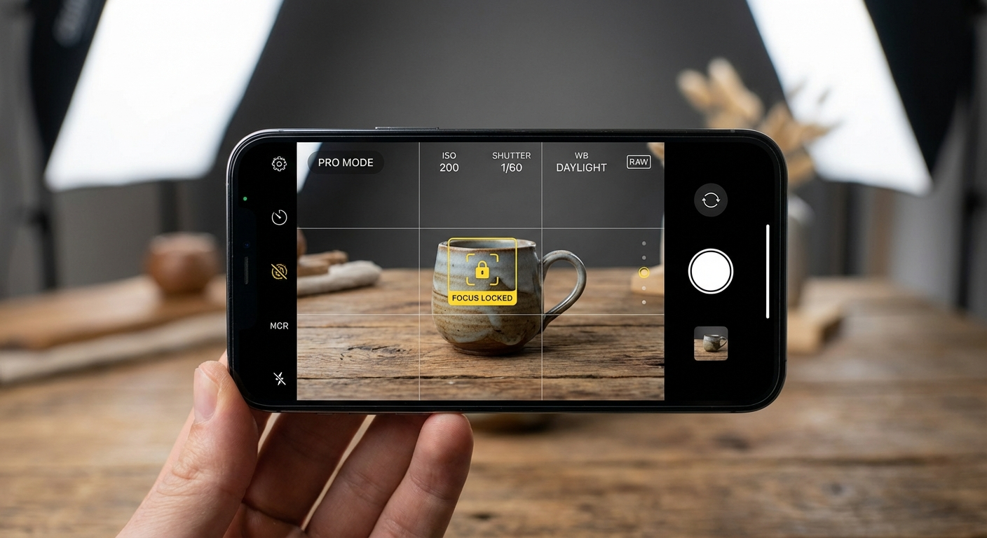 Phone screen showing camera settings with focus lock and grid lines enabled for product photography