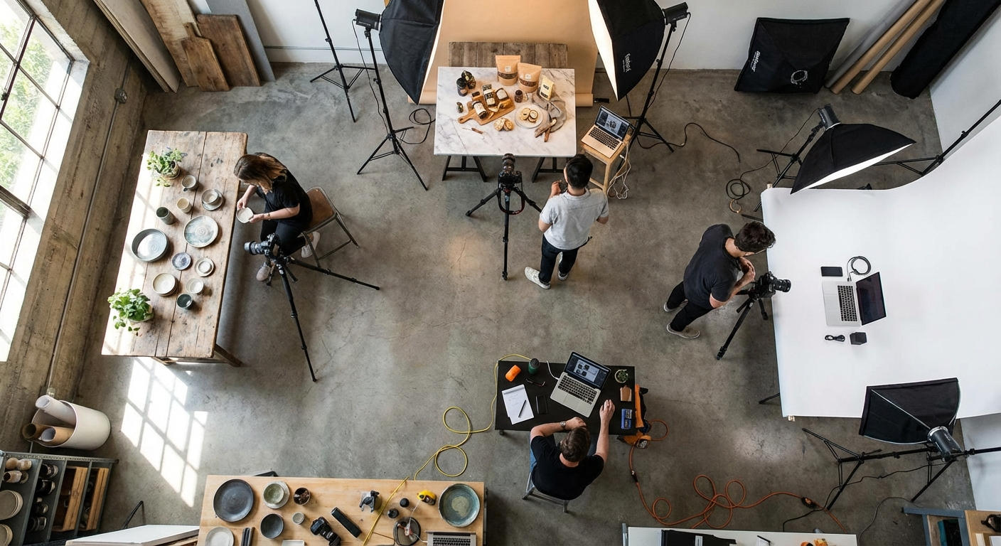Overhead view of a product photography batch session setup with multiple items staged and ready to photograph